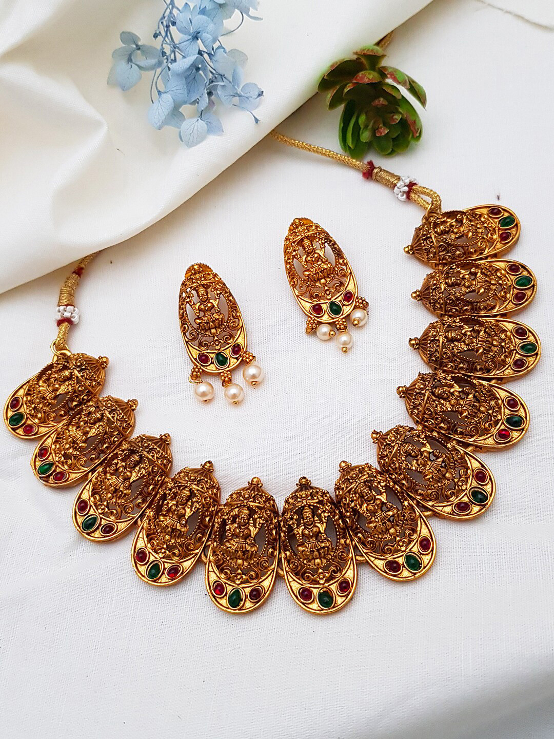 

GRIIHAM Gold-Plated Green & Pink Stone Studded Temple Jewellery Set