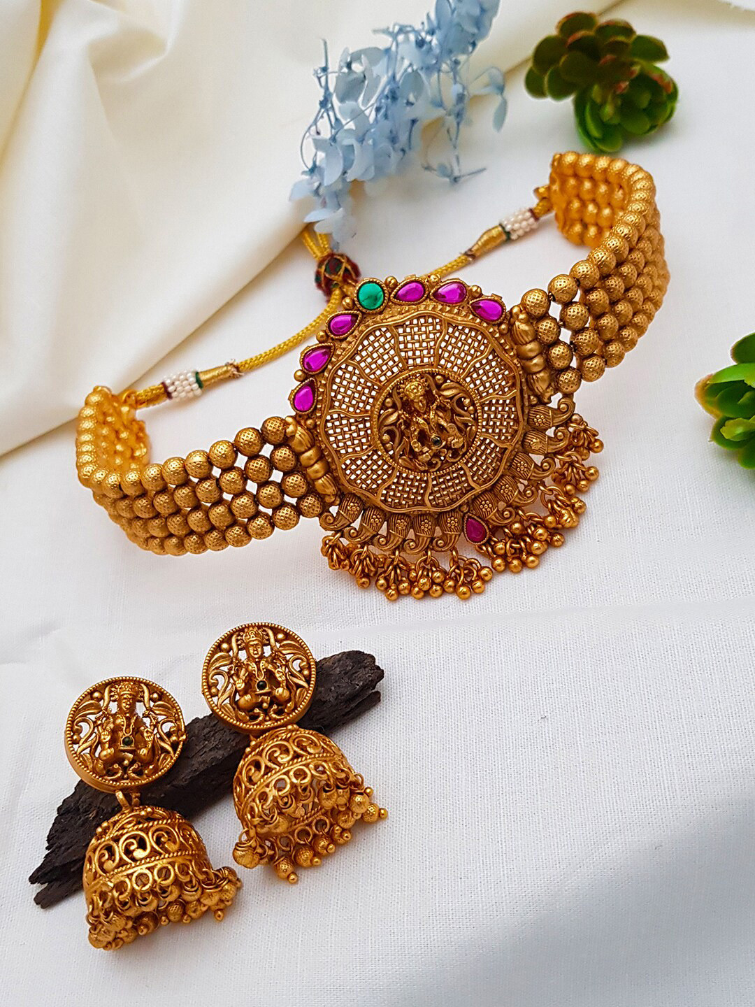 

GRIIHAM Gold-Plated Green & Pink AD Stone Studded Jewellery Set