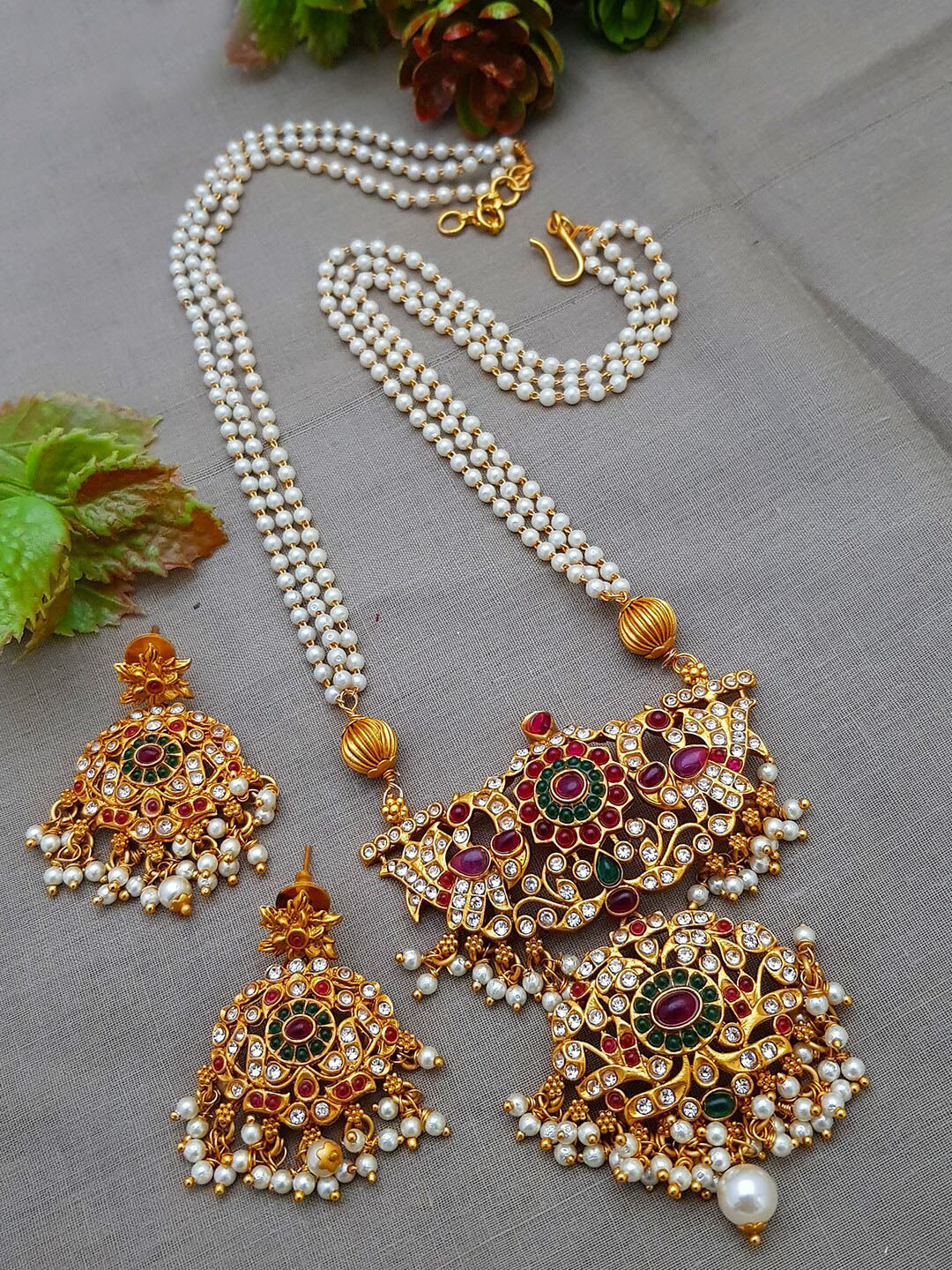 

GRIIHAM Gold-Plated Red & White AD-Studded Jewellery Set