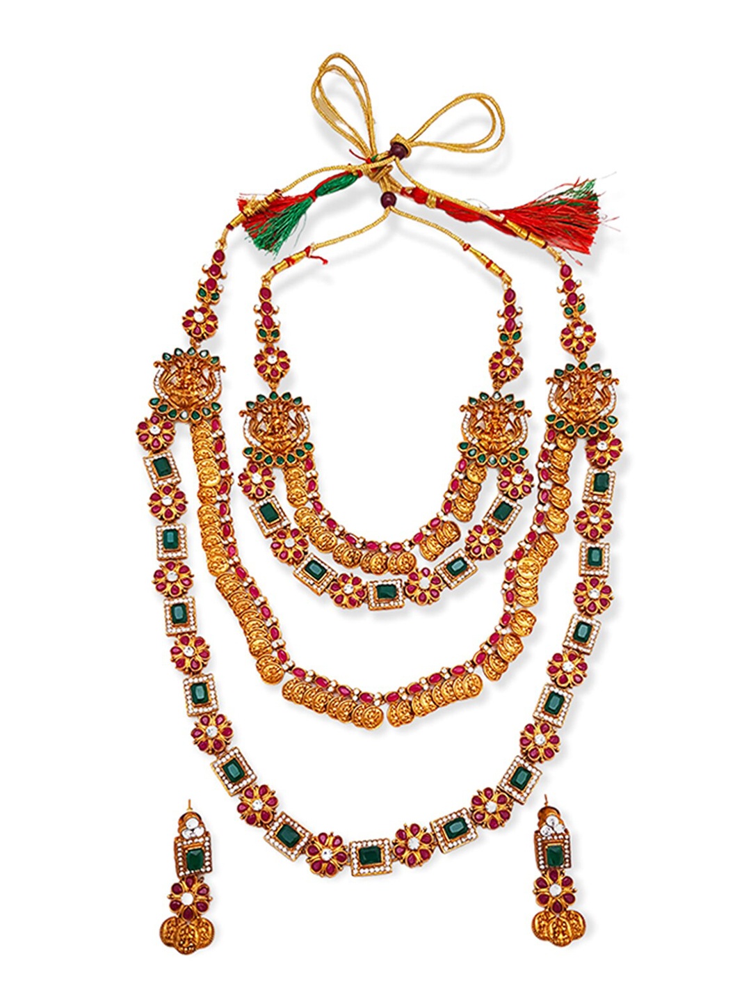 

GRIIHAM Gold-Plated Green AD Studded Layered Jewellery Set
