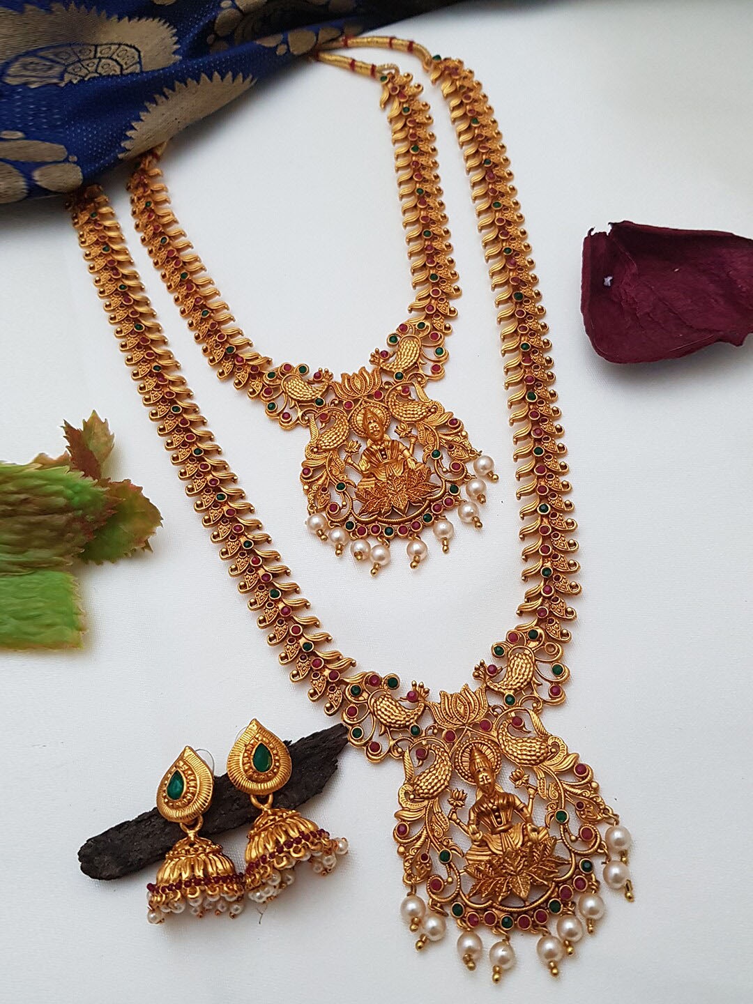 

GRIIHAM Gold-Plated Red & Green AD Studded Laxmi Combo Necklace set