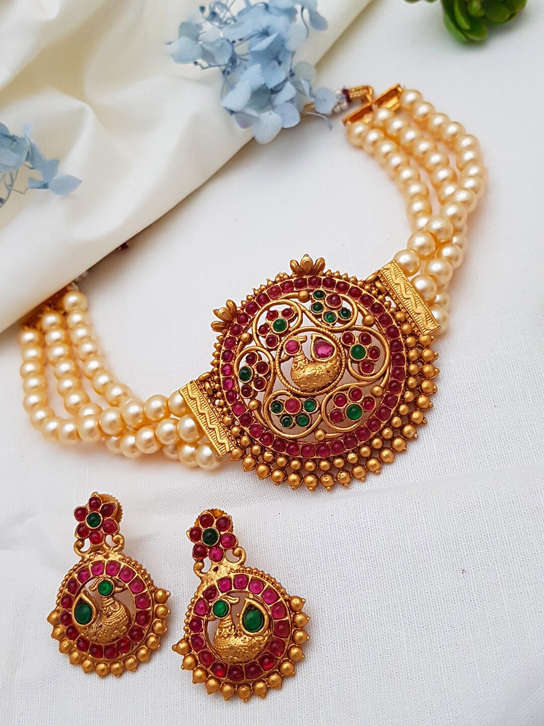 

GRIIHAM Gold-Plated Pink & Green AD Stone Studded Jewellery Set