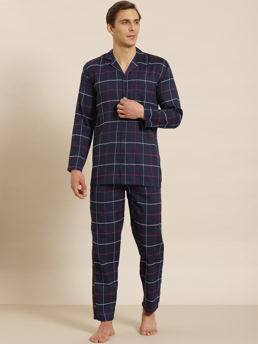 

SOJANYA Men Navy Blue & White Checked Cotton Night suit