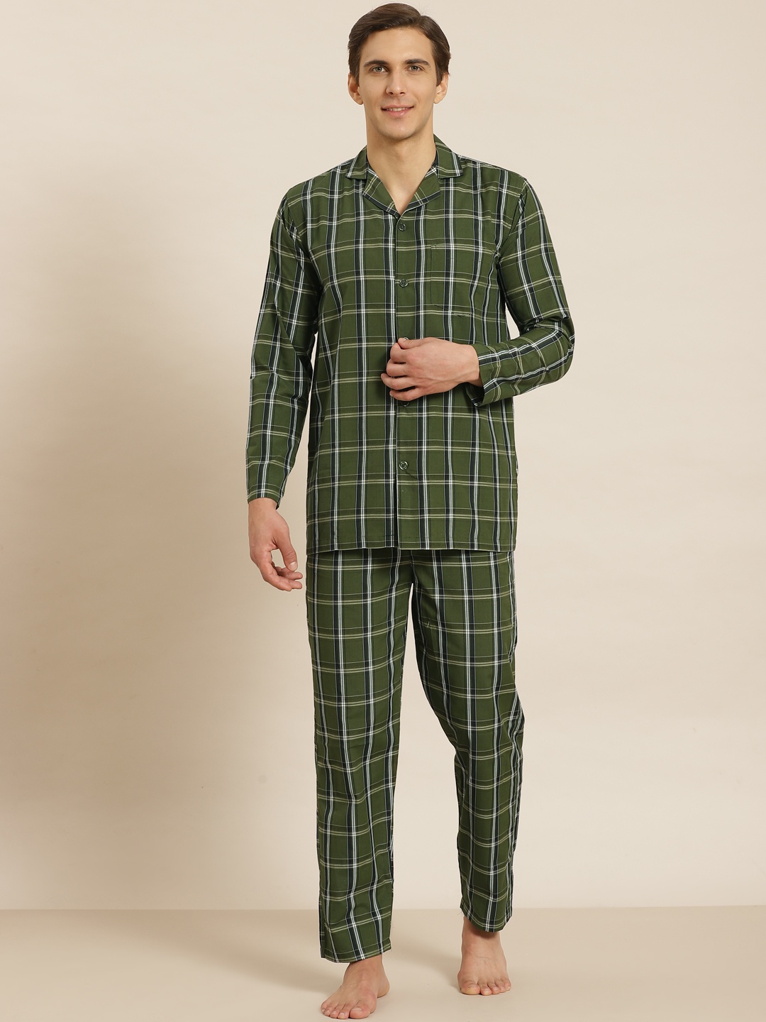 

SOJANYA Men Olive Green & White Checked Cotton Night suit