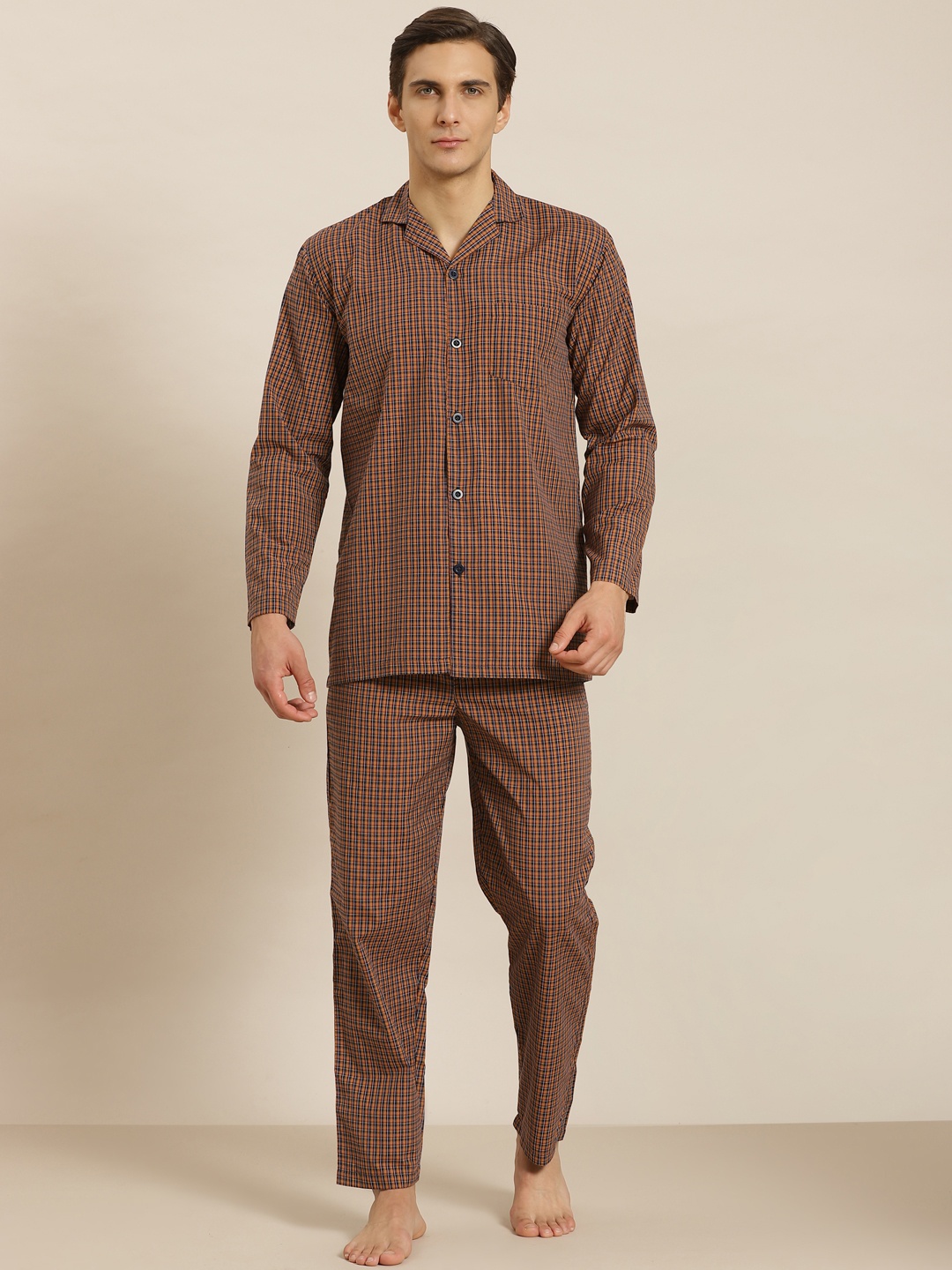 

SOJANYA Men Mustard & Blue Checked Cotton Night suit