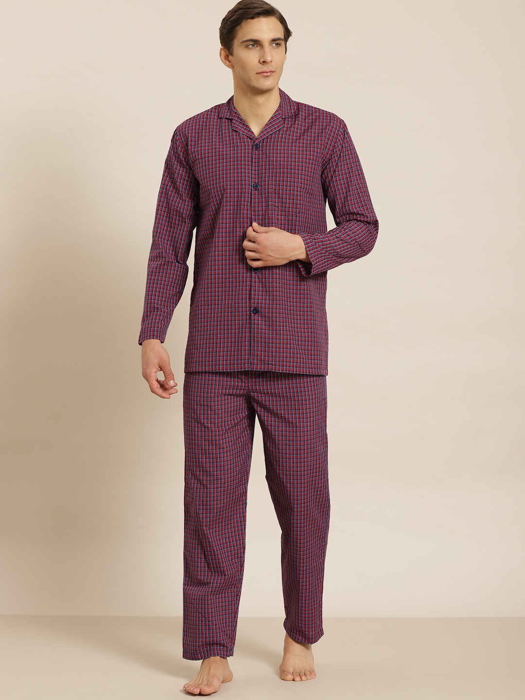 

SOJANYA Men Red & Navy Blue Checked Cotton Night suit