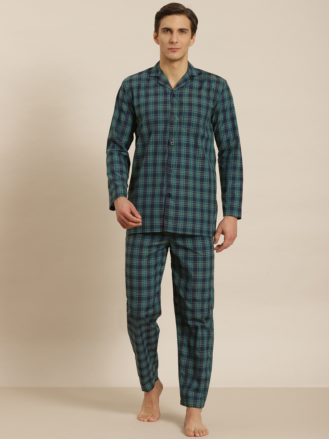 

SOJANYA Men Green & Navy Blue Checked Cotton Night suit