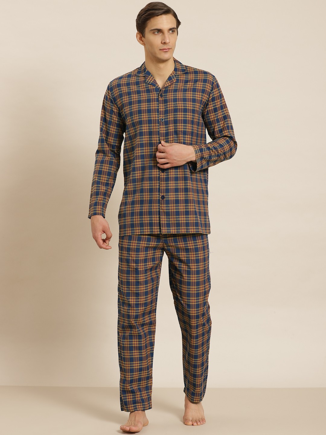 

SOJANYA Men Mustard & Blue Checked Cotton Night suit