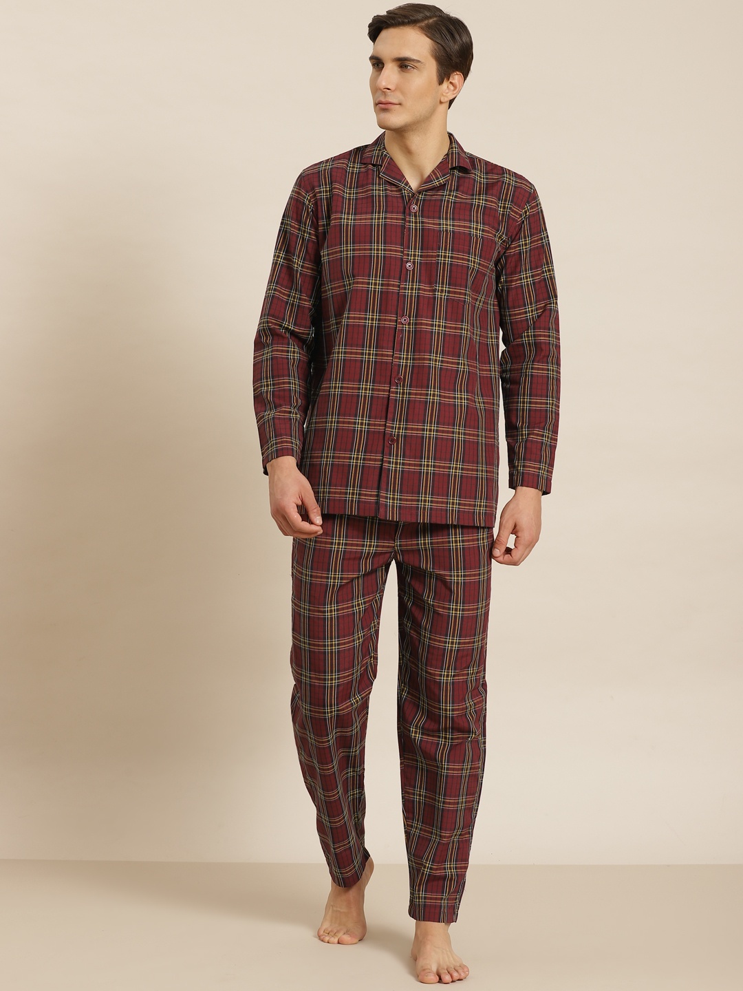 

SOJANYA Men Maroon & Yellow Checked Cotton Night suit