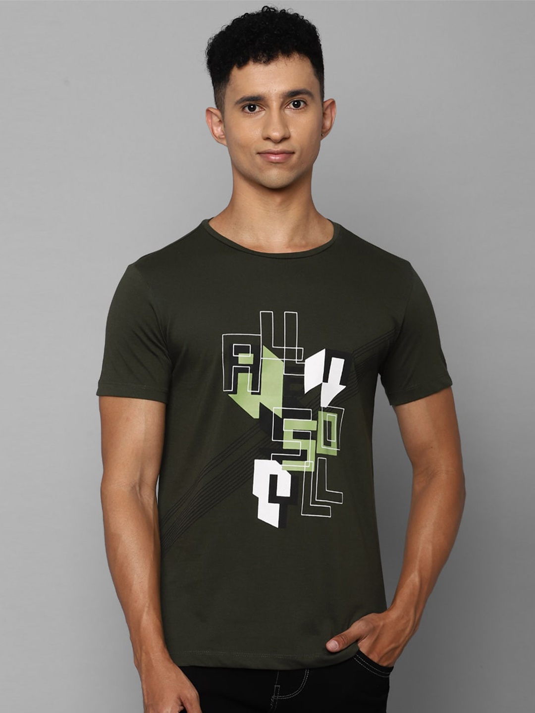 

Allen Solly Sport Men Olive Green & White Typography Printed Cotton T-shirt