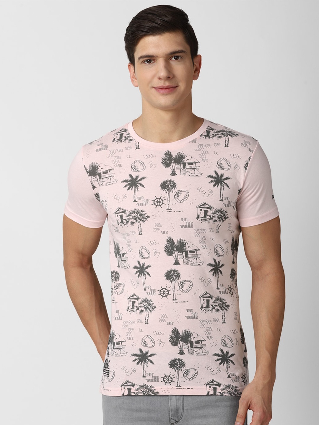 

Peter England Casuals Men Pink & Grey Printed Slim Fit T-shirt