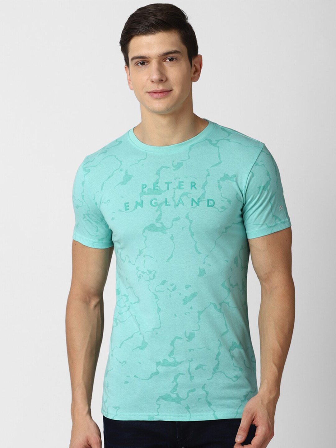 Peter England Casuals Men Green Typography Printed Slim Fit T-shirt