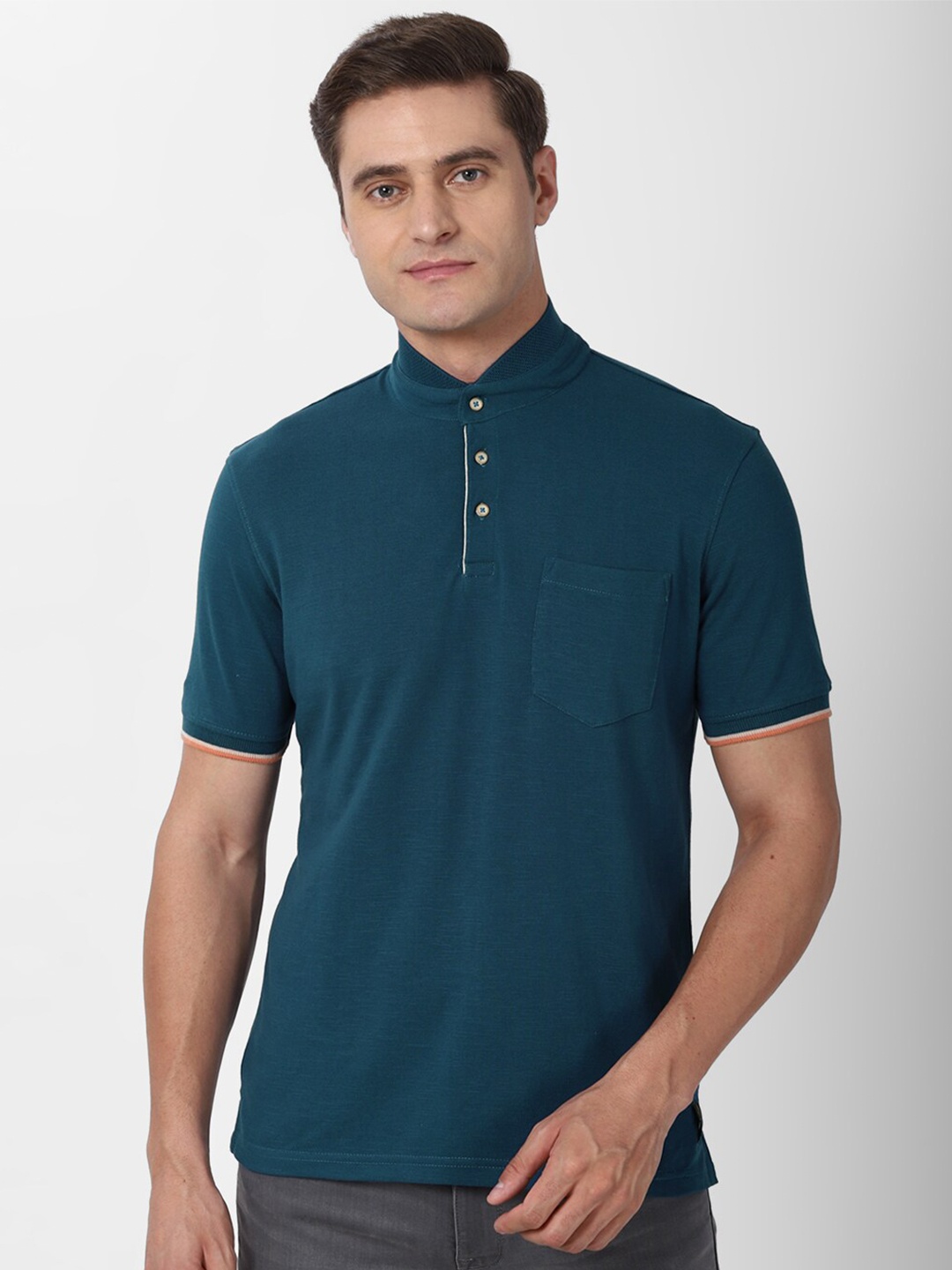 

Peter England Casuals Men Blue Solid Cotton Mandarin Collar T-shirt