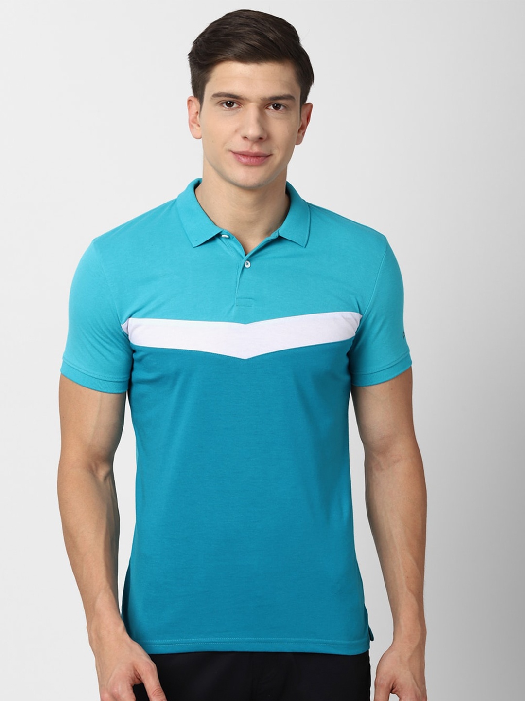 

Peter England Casuals Men Blue & Teal Colourblocked Polo Collar Slim Fit T-shirt