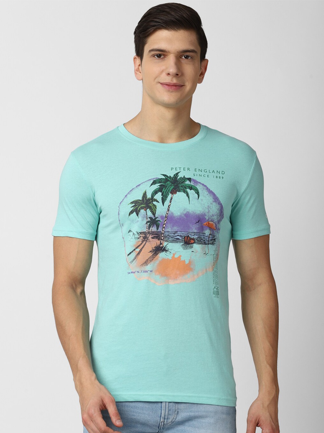 

Peter England Casuals Men Green Printed Tropical Slim Fit T-shirt