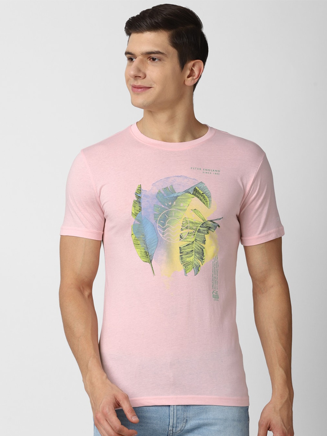 

Peter England Casuals Men Pink Printed Tropical Slim Fit T-shirt