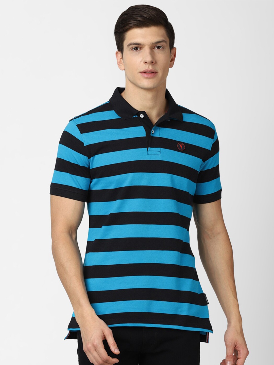 

Van Heusen Sport Men Blue & Black Striped Polo Collar T-shirt