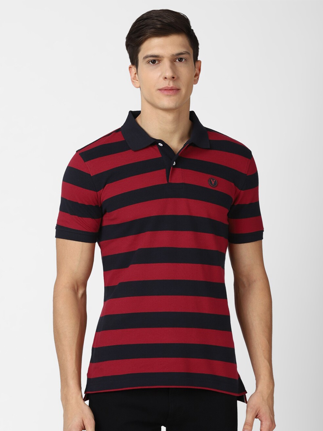 

Van Heusen Sport Men Maroon & Navy Blue Striped Polo Collar T-shirt