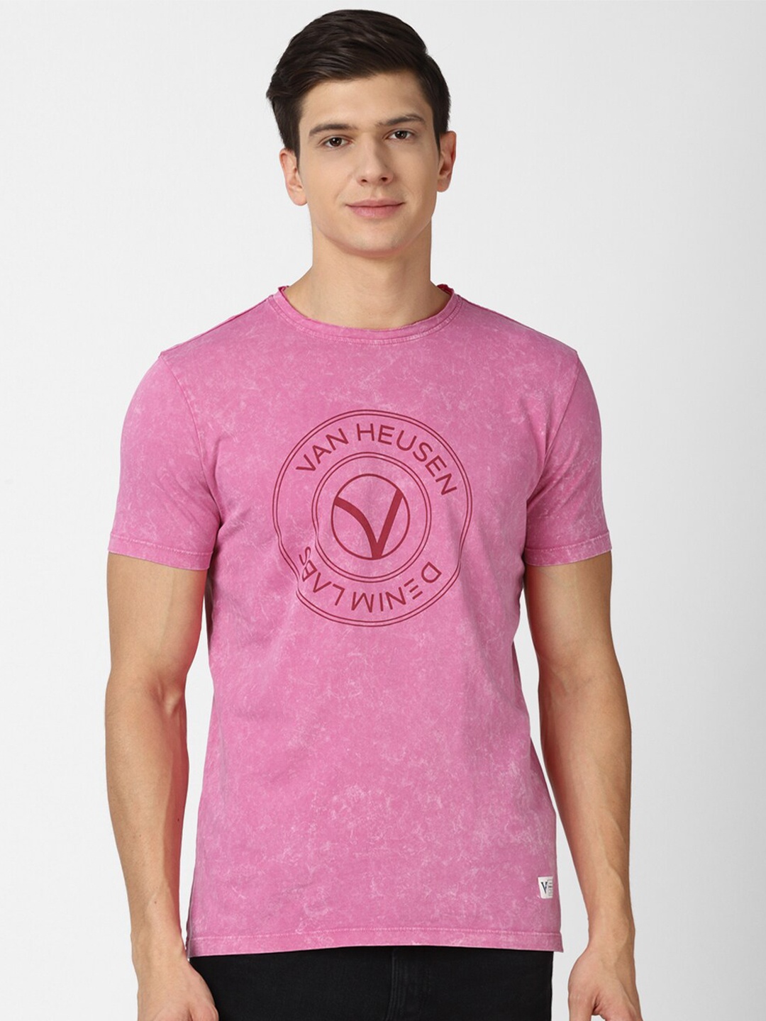 VAN HEUSEN DENIM LABS Men Pink Printed Pure Cotton T-shirt