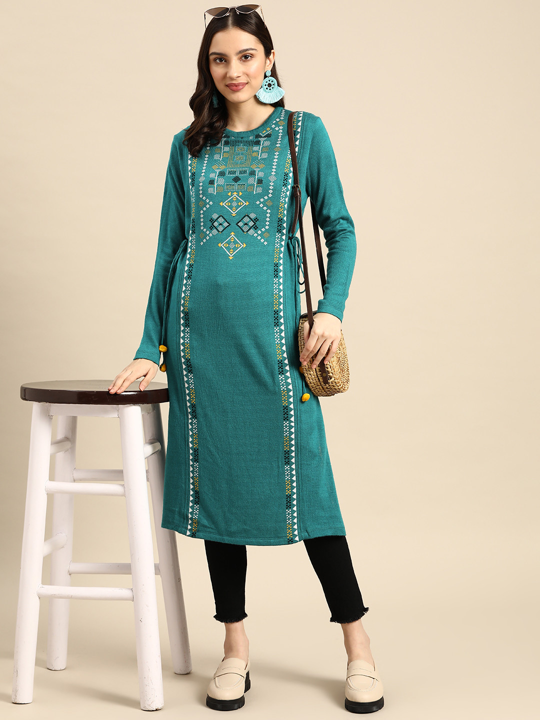 

Sangria Women Teal Green & White Woven Design Acrylic Winter Kurta with Side Tie-Ups