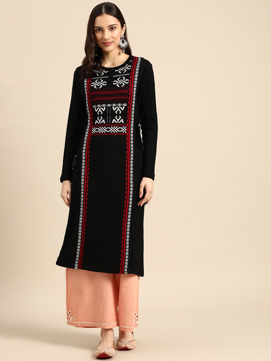 

Sangria Women Black Woven Design Acrylic Straight Winter Kurta with Side Tie-Ups