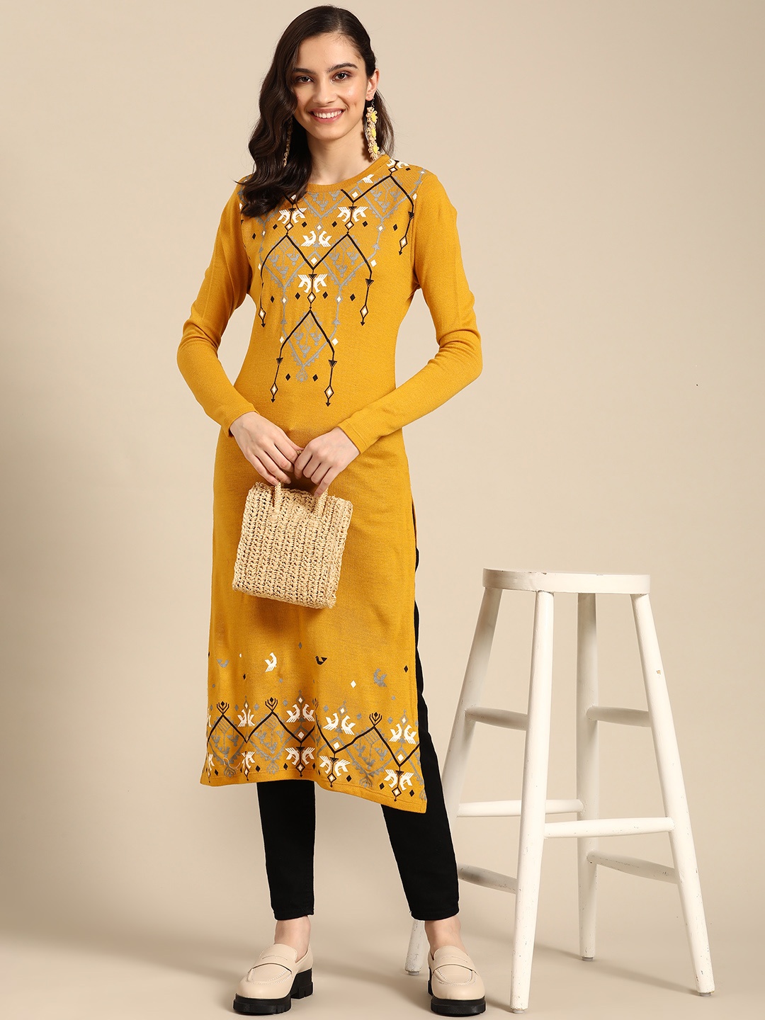 

Sangria Women Mustard Yellow Ethnic Motifs Print Winter Kurta