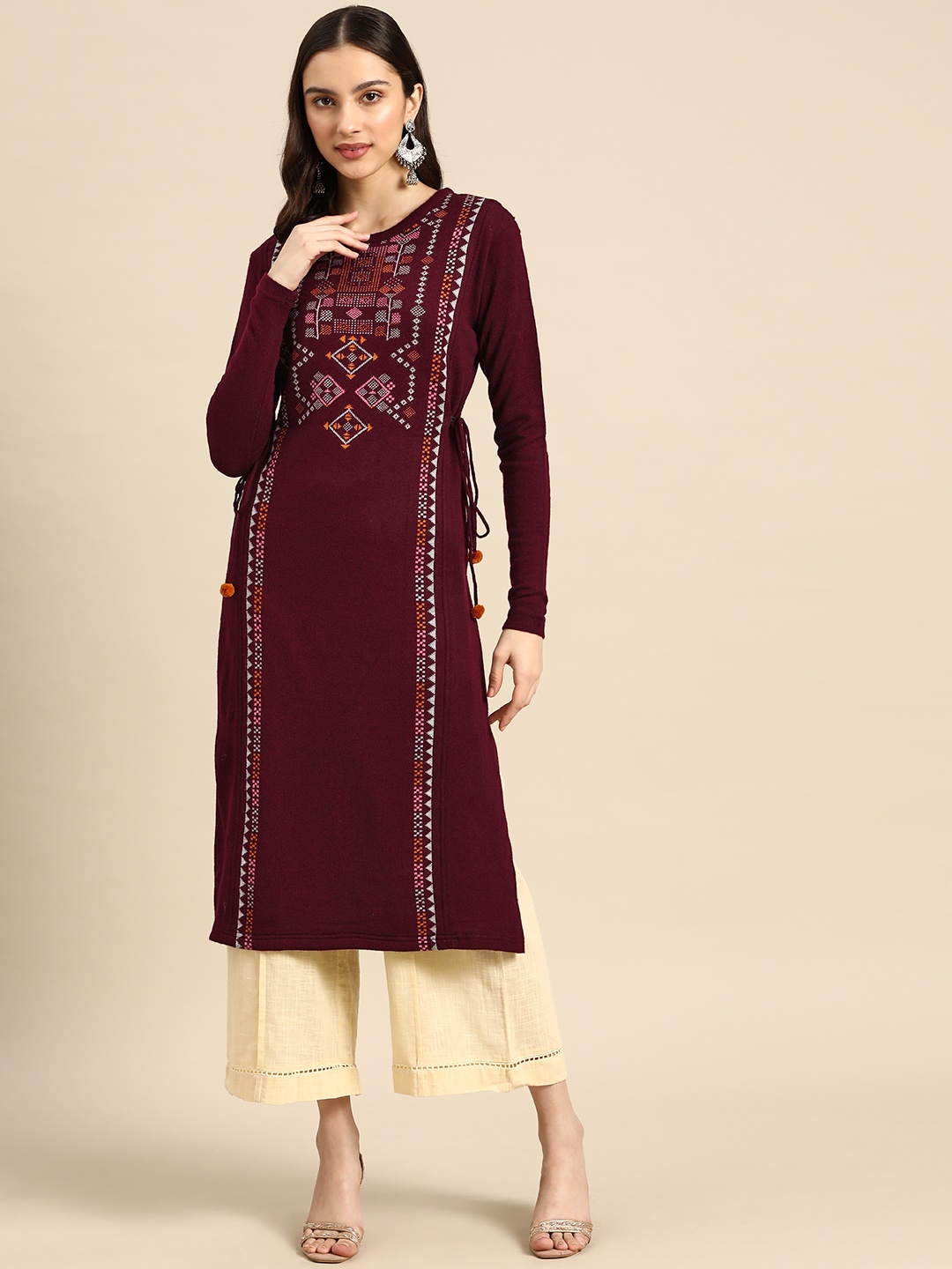 

Sangria Women Maroon Woven Design Acrylic Straight Winter Kurta with Side Tie-Ups