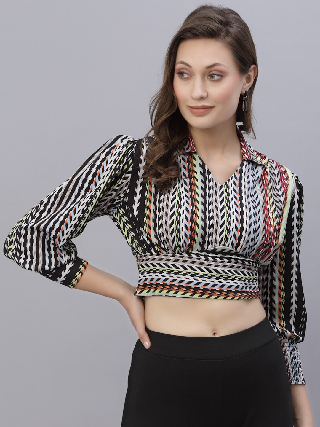 

Style Quotient Women White & Multi color Print Blouson Crop Top