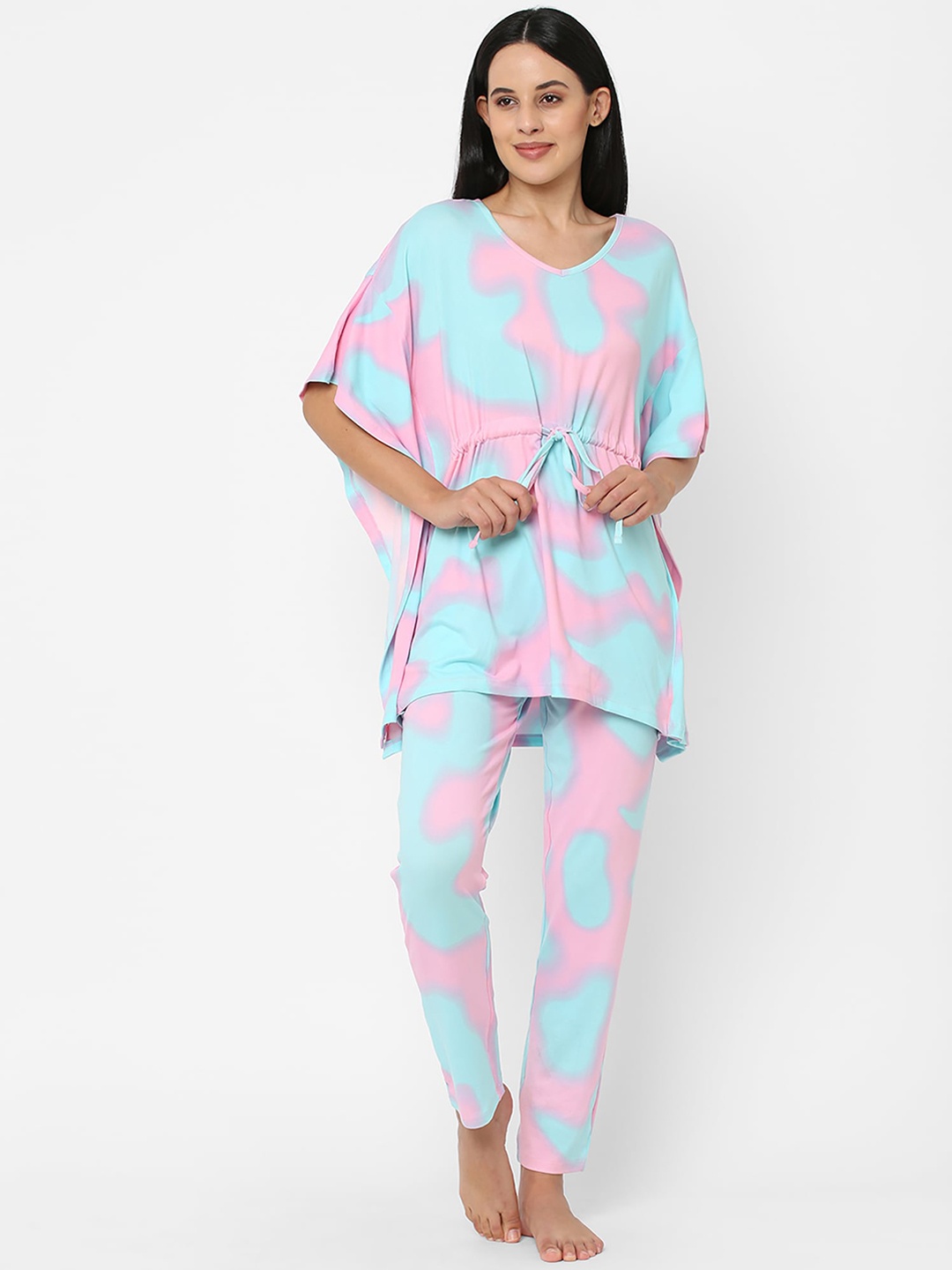 

Sweet Dreams Women Blue & Pink Printed Kaftan Night Suit