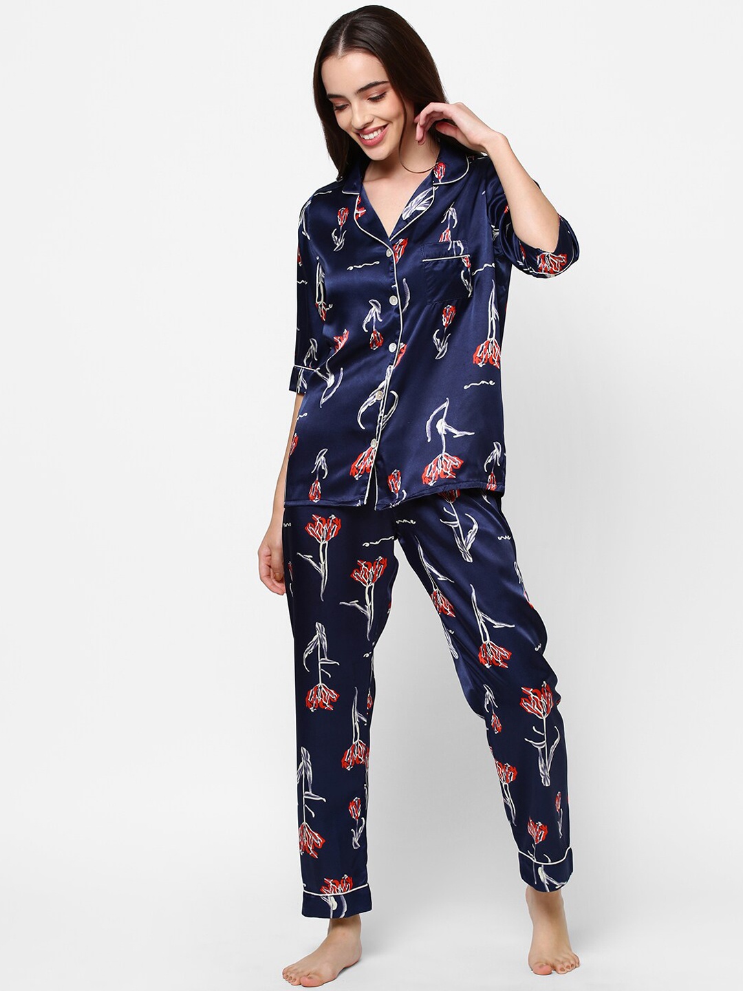 

Sweet Dreams Women Navy Blue & Red Printed Satin Night suit