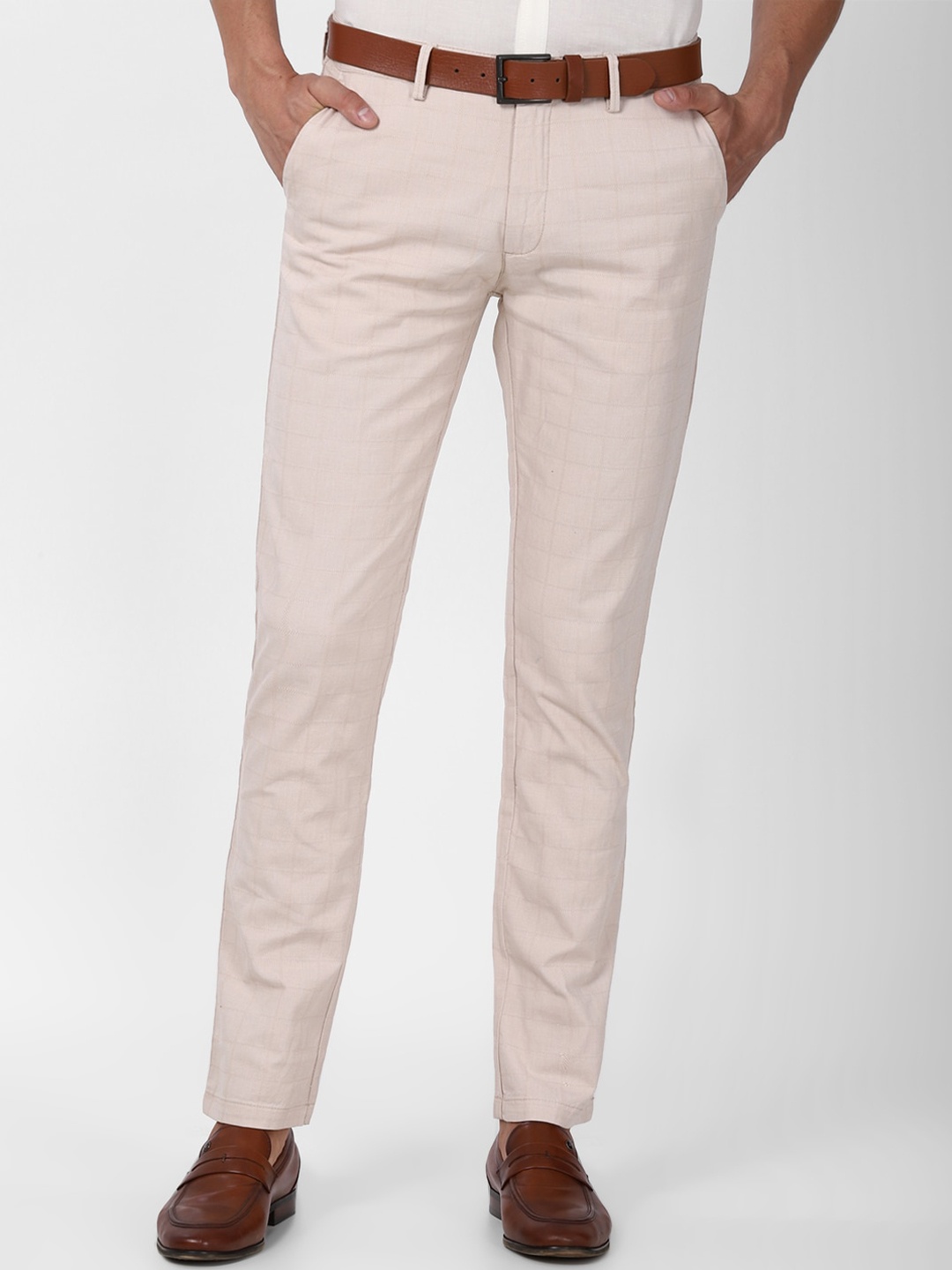 

Peter England Men Casual Cream-Coloured Textured Slim Fit Trousers