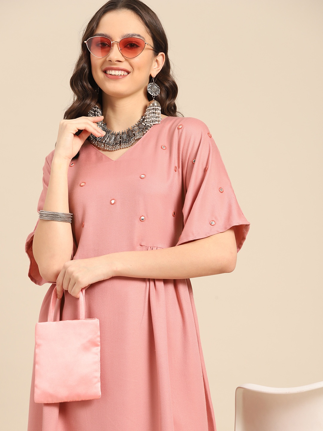 

Sangria Women Pink Embellished Mirror Work Extended Sleeves A-Line Kurta