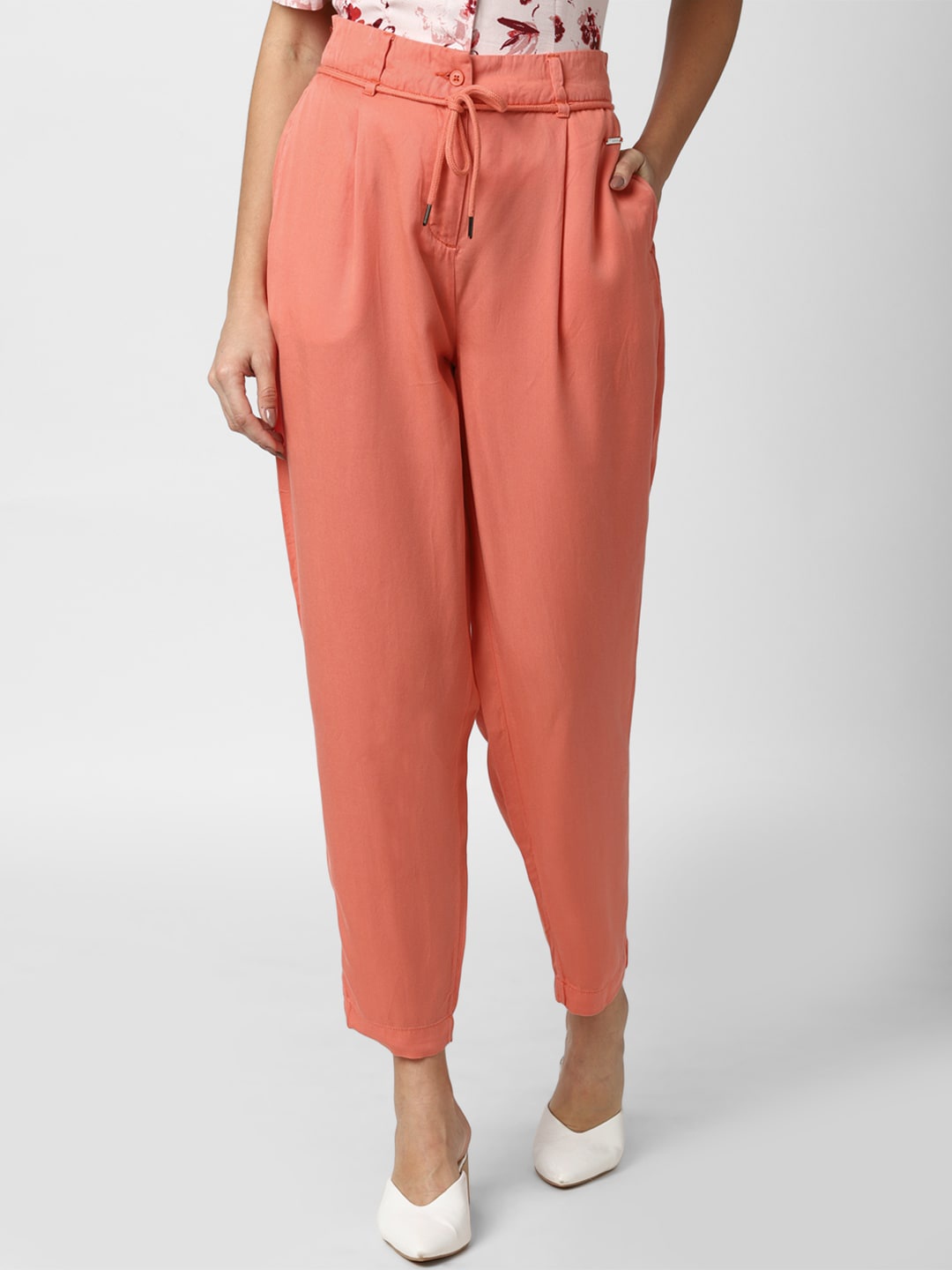 

Van Heusen Woman Women Peach-Coloured Slim Fit Pleated Trousers