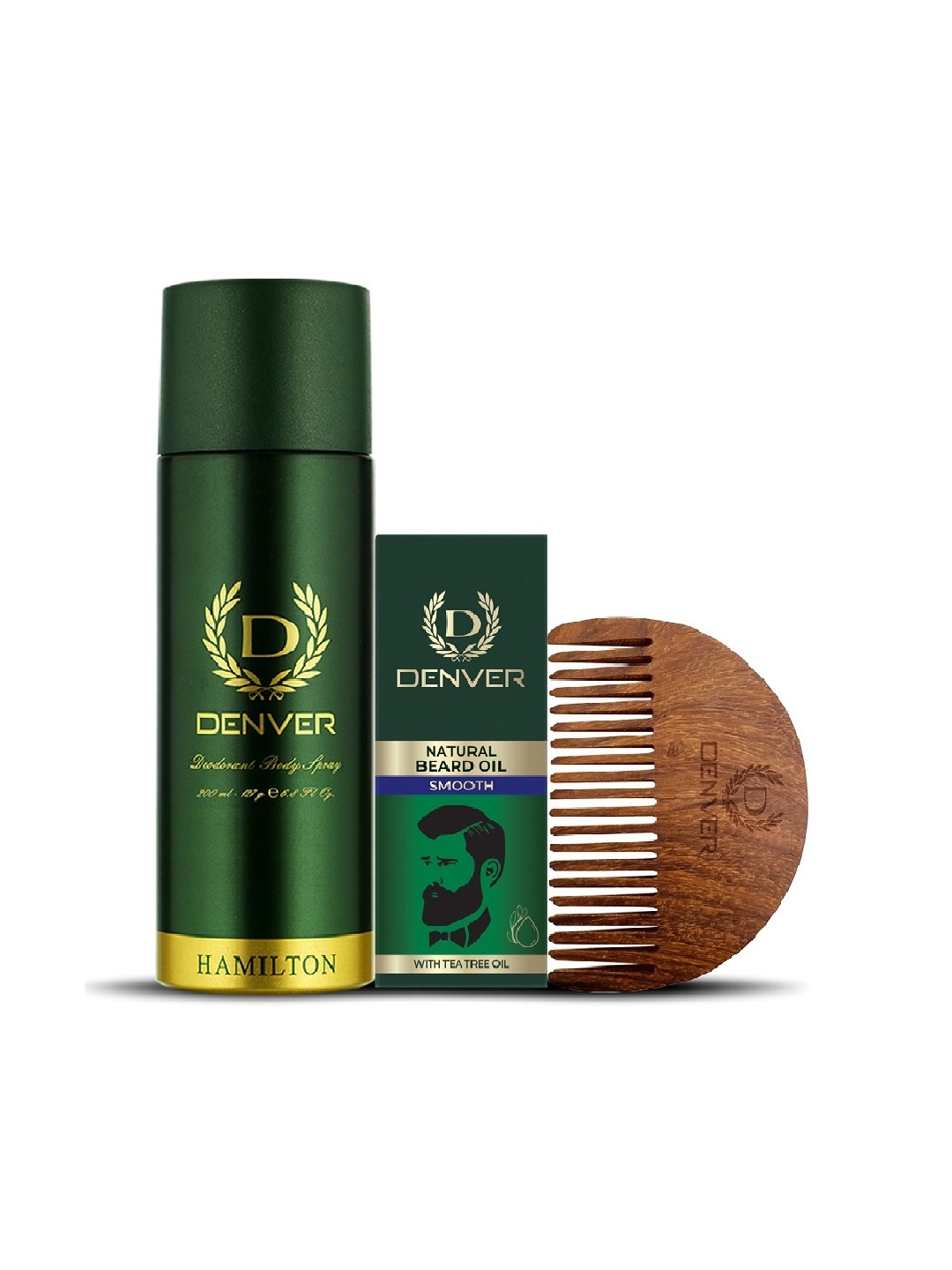

Denver Hamilton Body Spray + Smooth Natural Beard Oil + Wooden Comb, Green