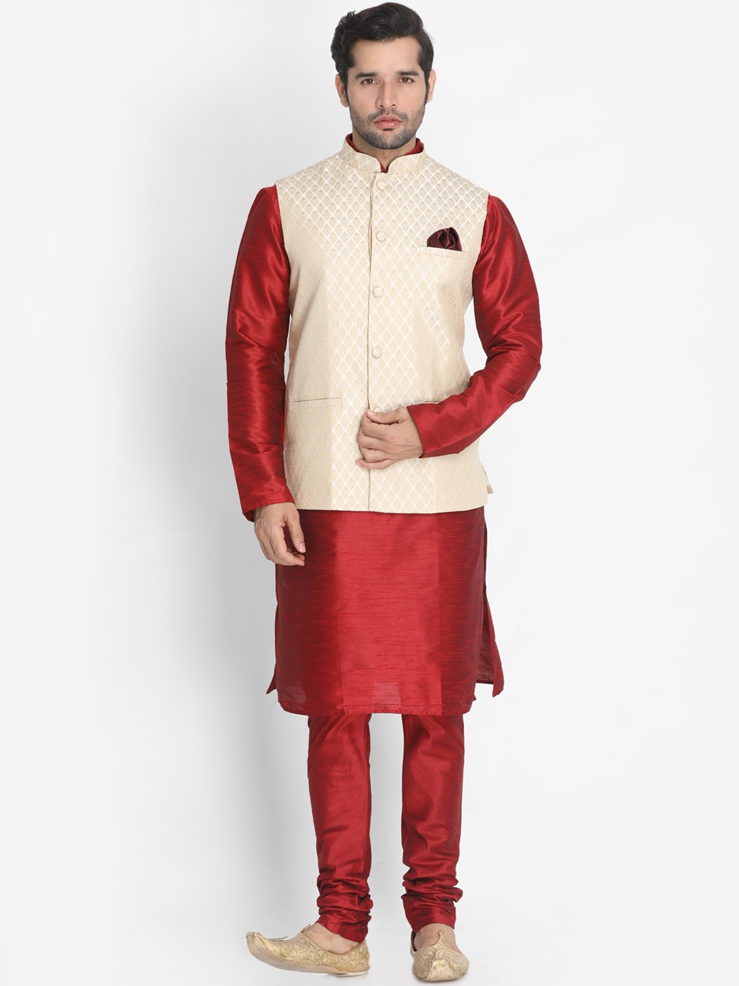 

VASTRAMAY Men Maroon Layered Kurta With Churidar