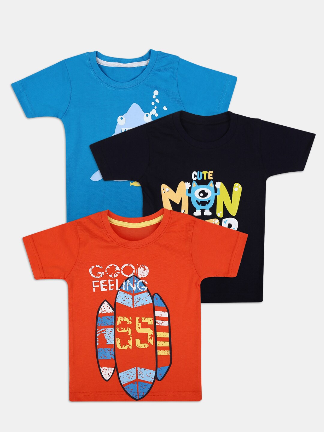 

V-Mart Pack of 3 Kids Blue & Orange Printed Cotton T-shirt