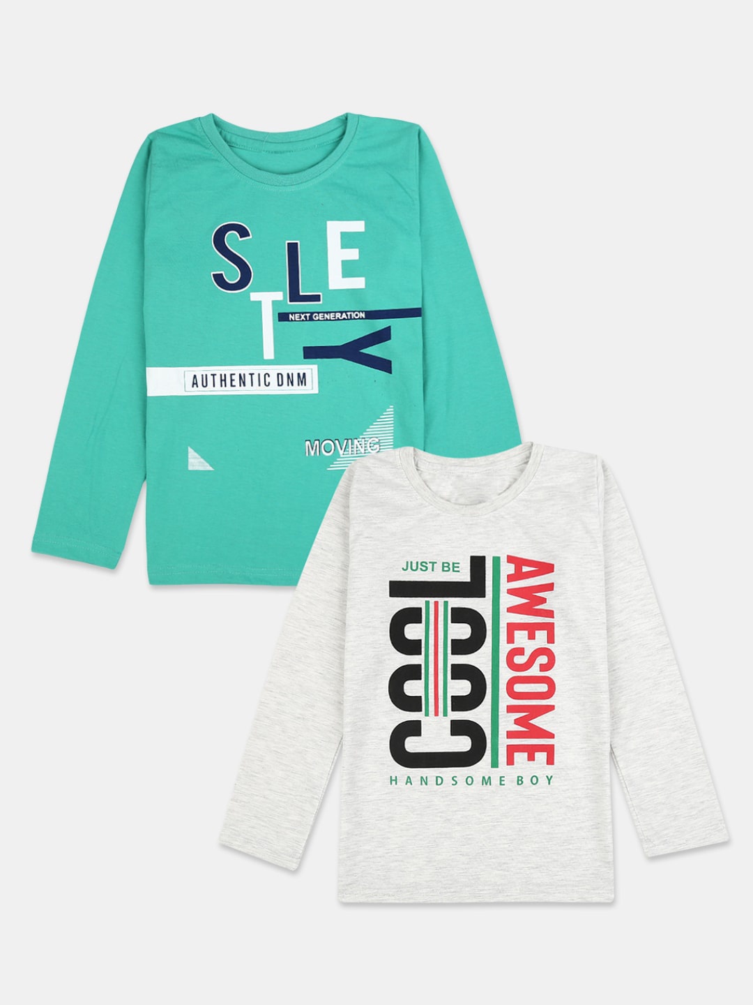

V-Mart Boys Grey Melange & Turquoise Blue Typography Pack of 2 Printed T-shirt