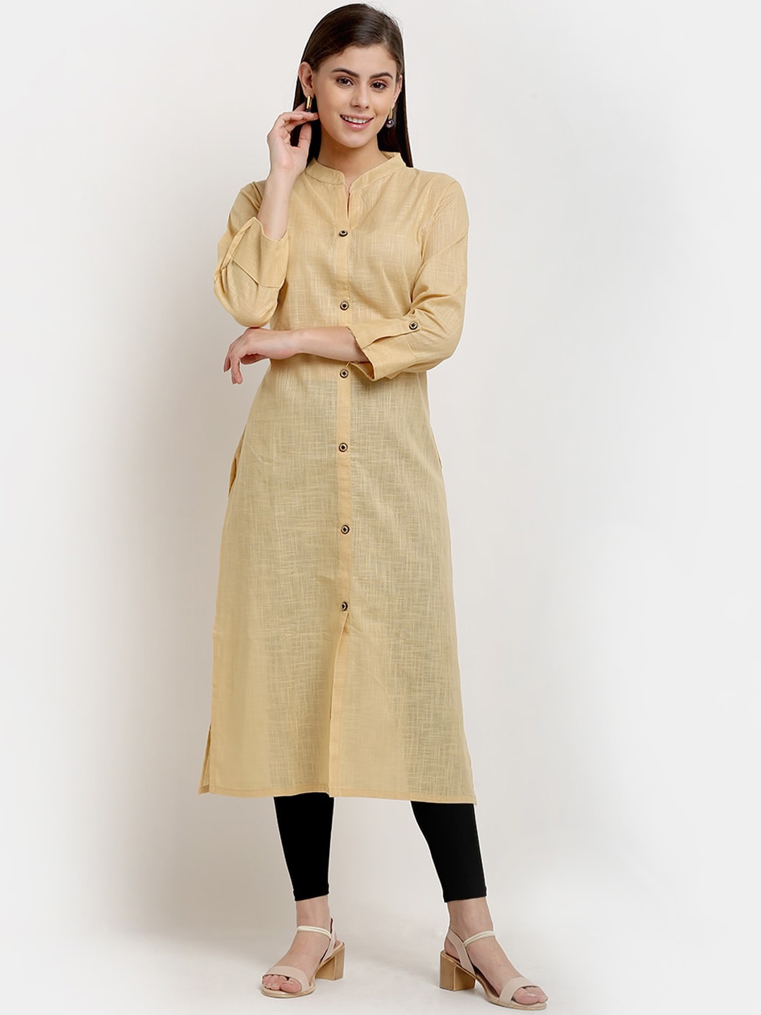 

GRACIT Women Beige Layered Pure Cotton Kurti with Trousers
