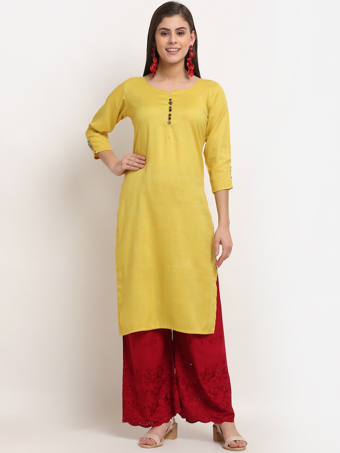 

GRACIT Women Yellow & Maroon Solid Pure Cotton Kurta set