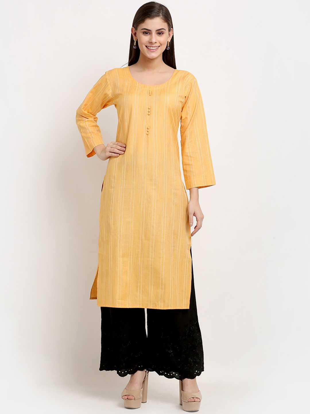 

GRACIT Women Yellow & Black Striped Embroidered Pure Cotton Kurta Set