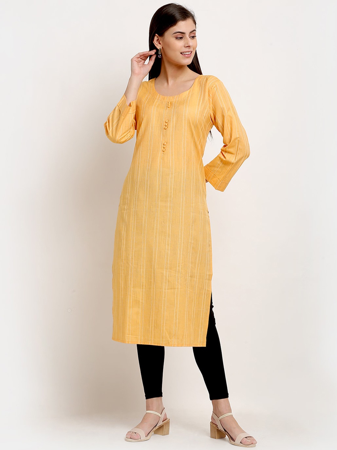 

GRACIT Women Yellow Striped Pure Cotton Kurta With Leggings