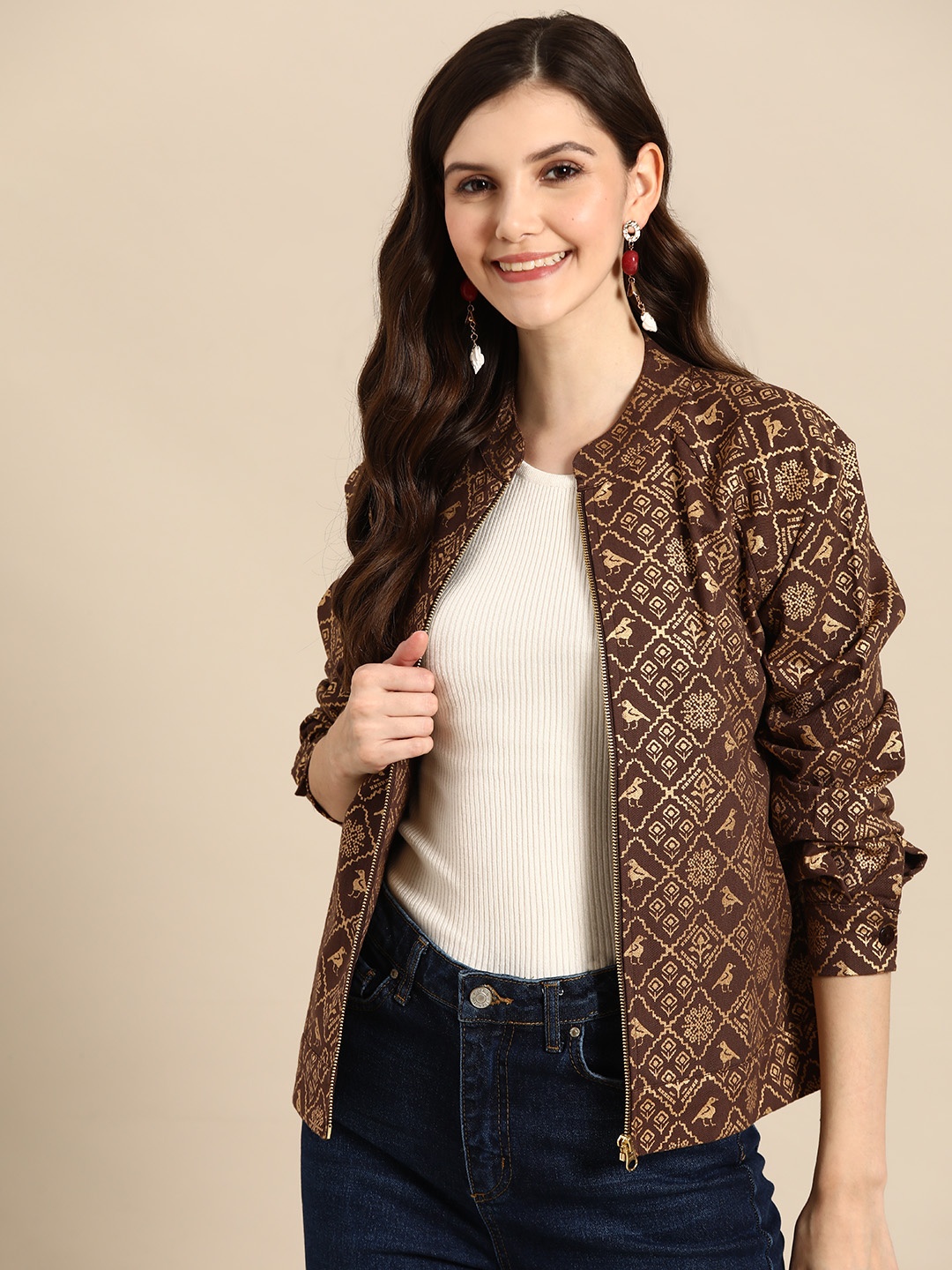 

Sangria Women Pure Cotton Floral Tailored Fusion Jacket, Brown