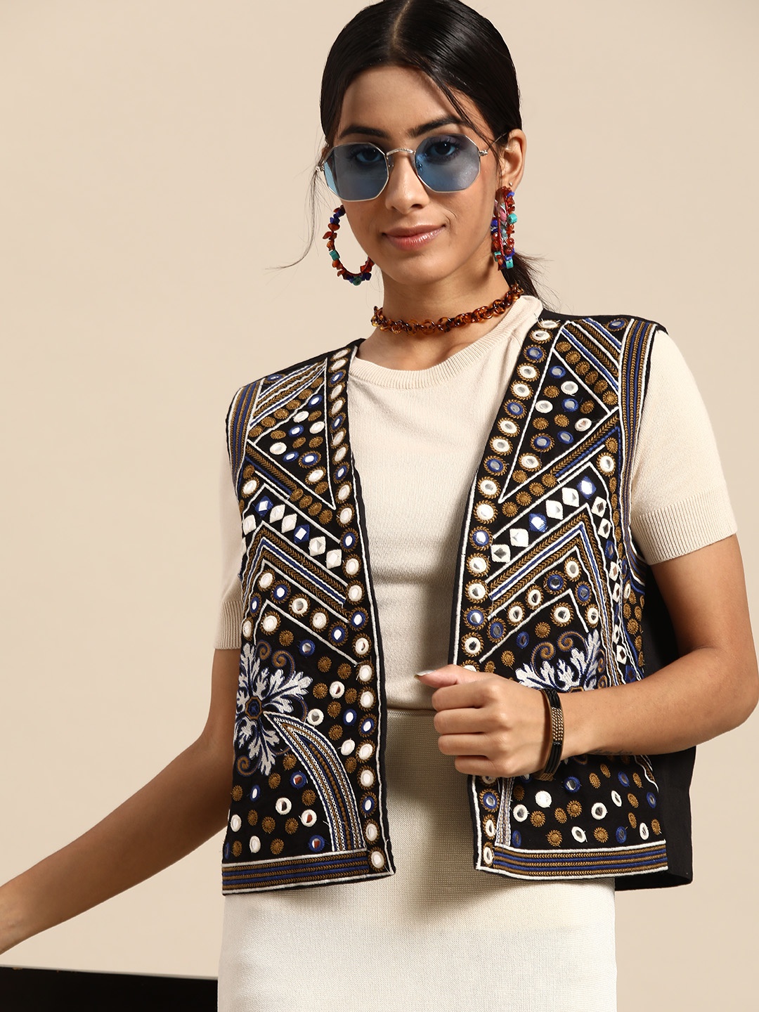 

Sangria Women Pure Cotton Embroidered Mirror Work Open Front Fusion Jacket, Black