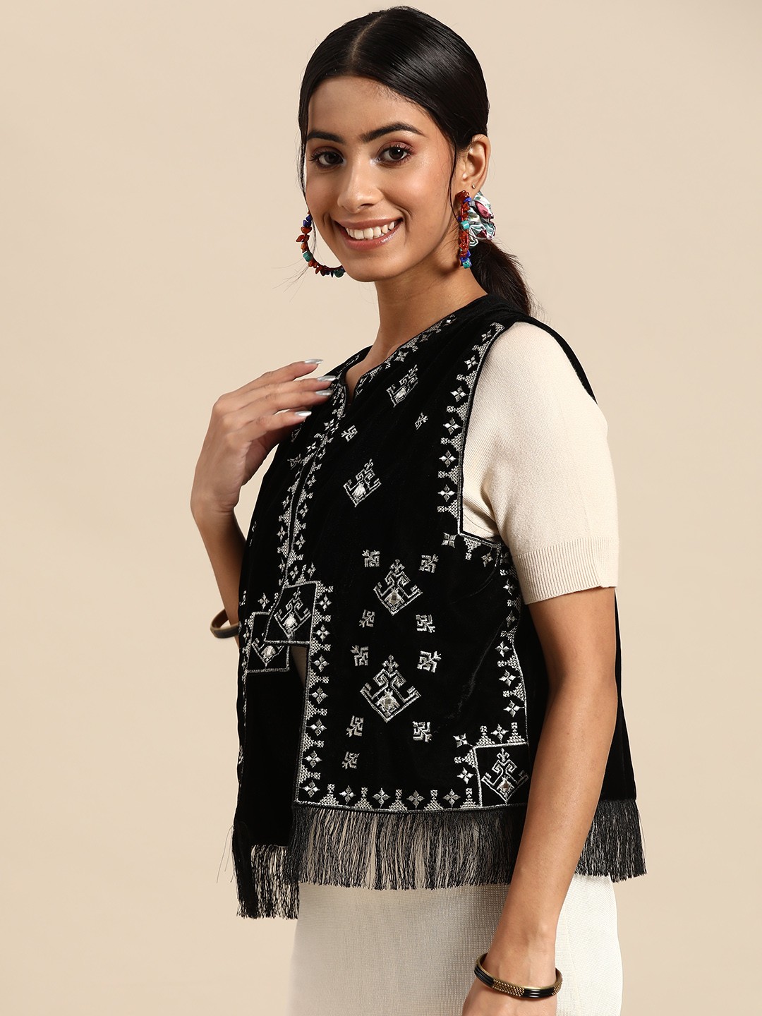 

Sangria Women Embroidered Mirror Work Open Front Fusion Jacket, Black