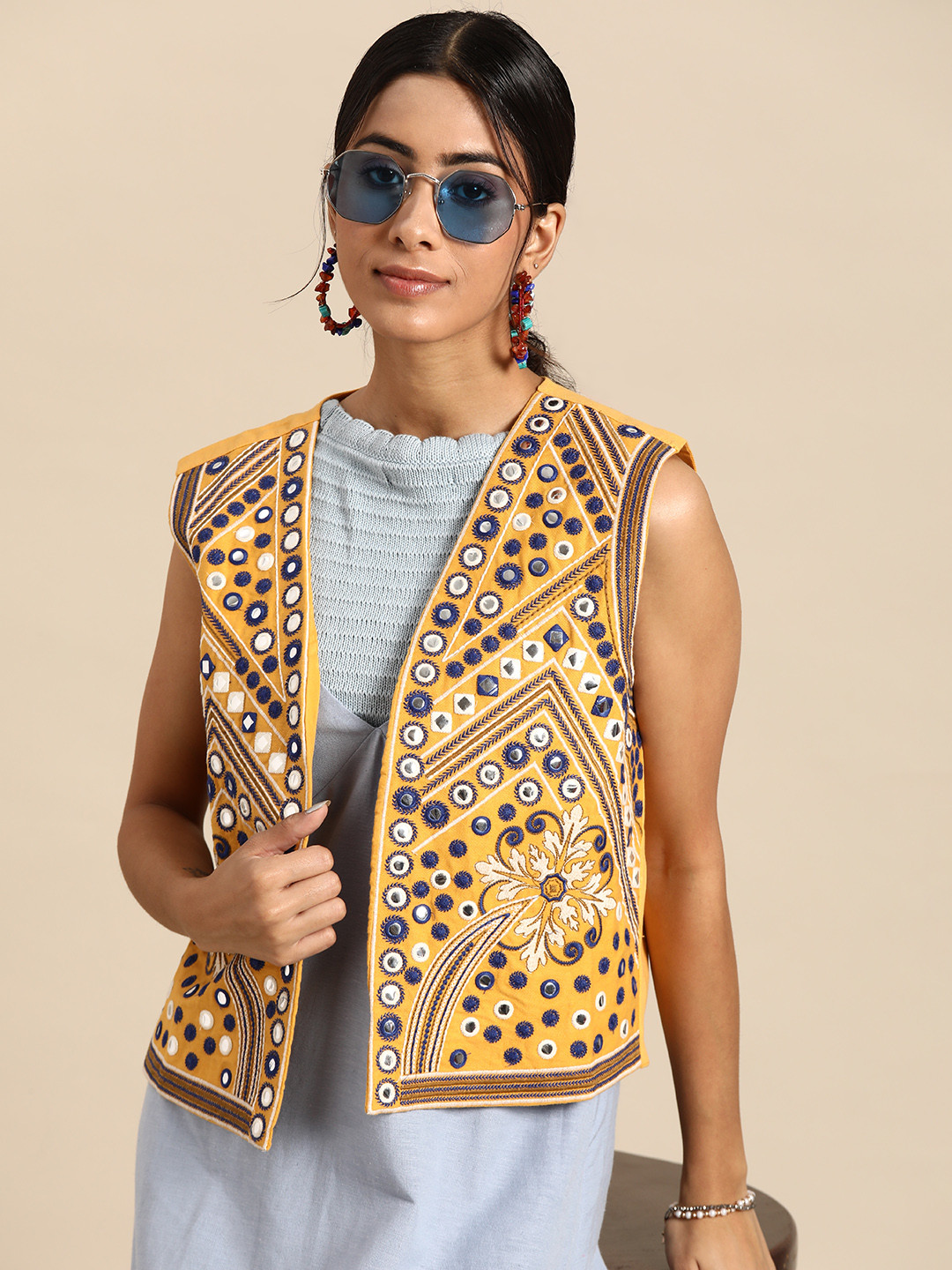

Sangria Women Cotton Embroidered Open Front Ethnic Jacket, Yellow