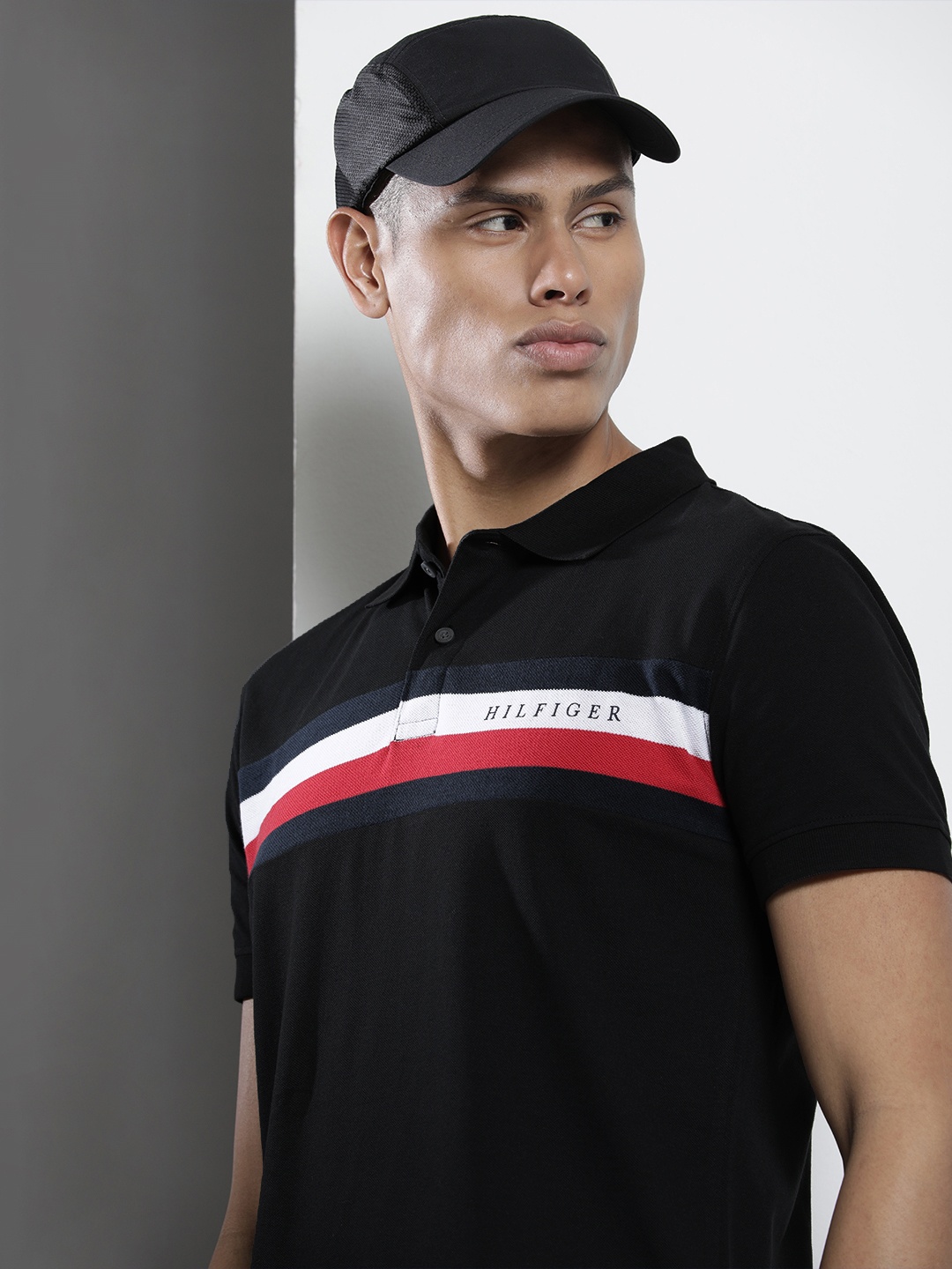 

Tommy Hilfiger Men Black & Red Striped Polo Collar Pure Organic Cotton T-shirt