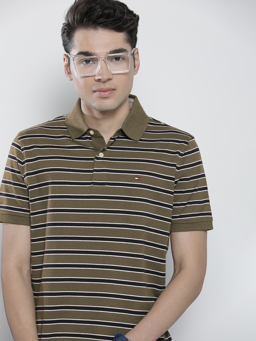 

Tommy Hilfiger Men Olive Green & Navy Blue Striped Pure Cotton Polo Collar T-shirt