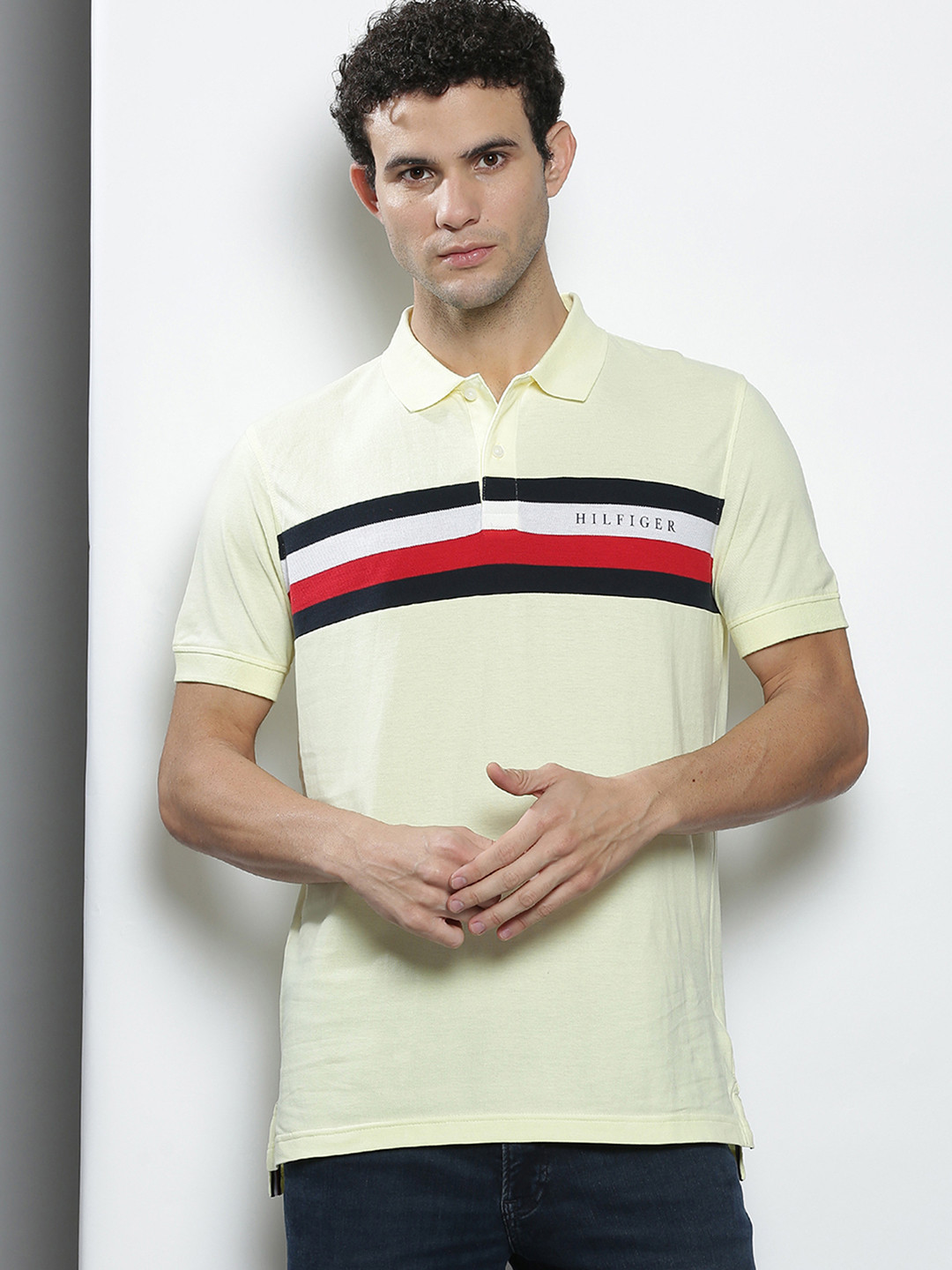 

Tommy Hilfiger Men Striped Polo Collar T-shirt, Yellow