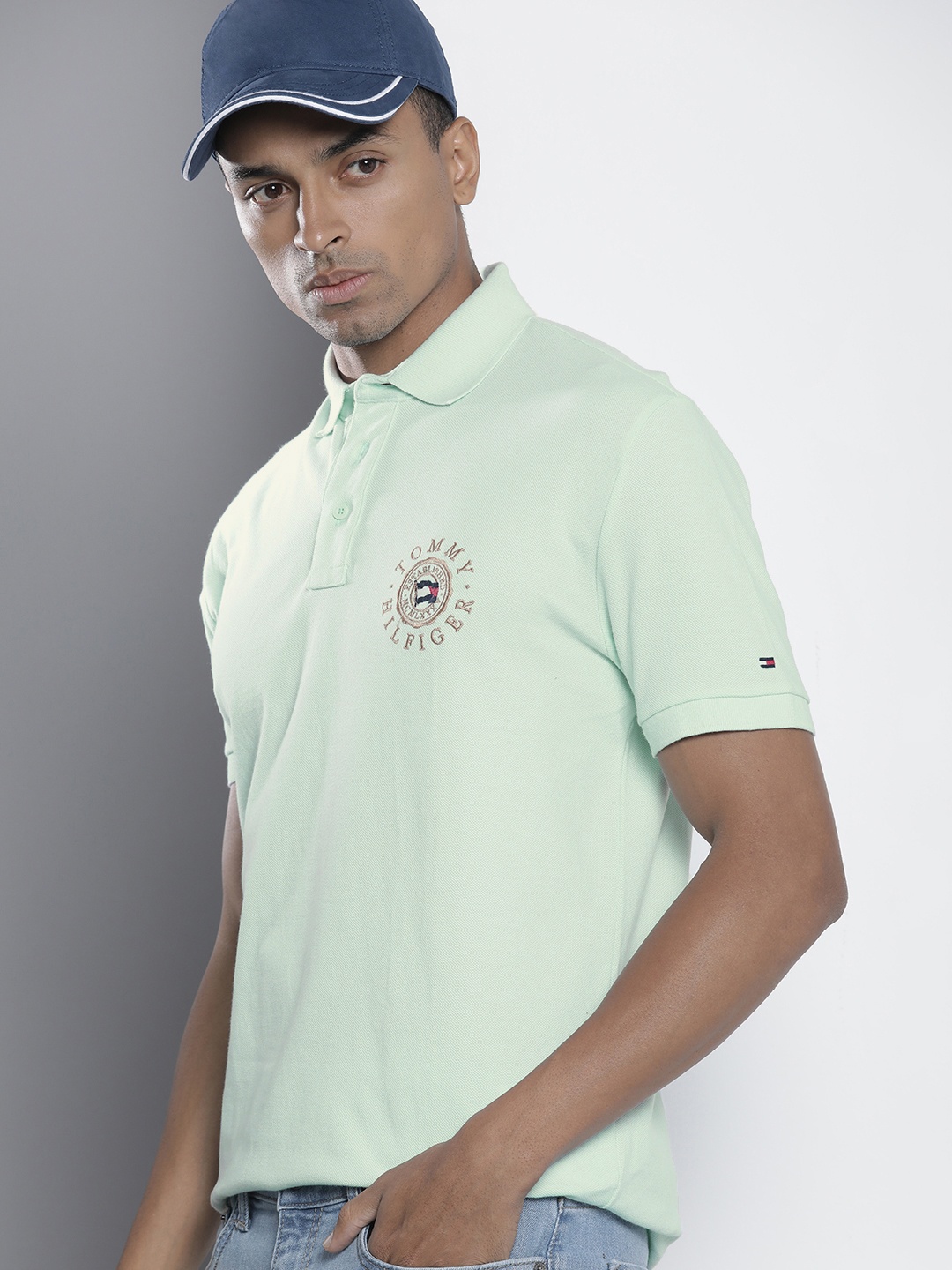 

Tommy Hilfiger Men Pure Cotton Solid With Embroidered Detail Polo Collar T-shirt, Green