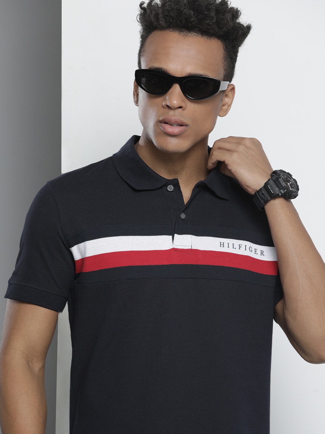 

Tommy Hilfiger Men Navy Blue & Red Striped Polo Collar Organic Cotton T-shirt